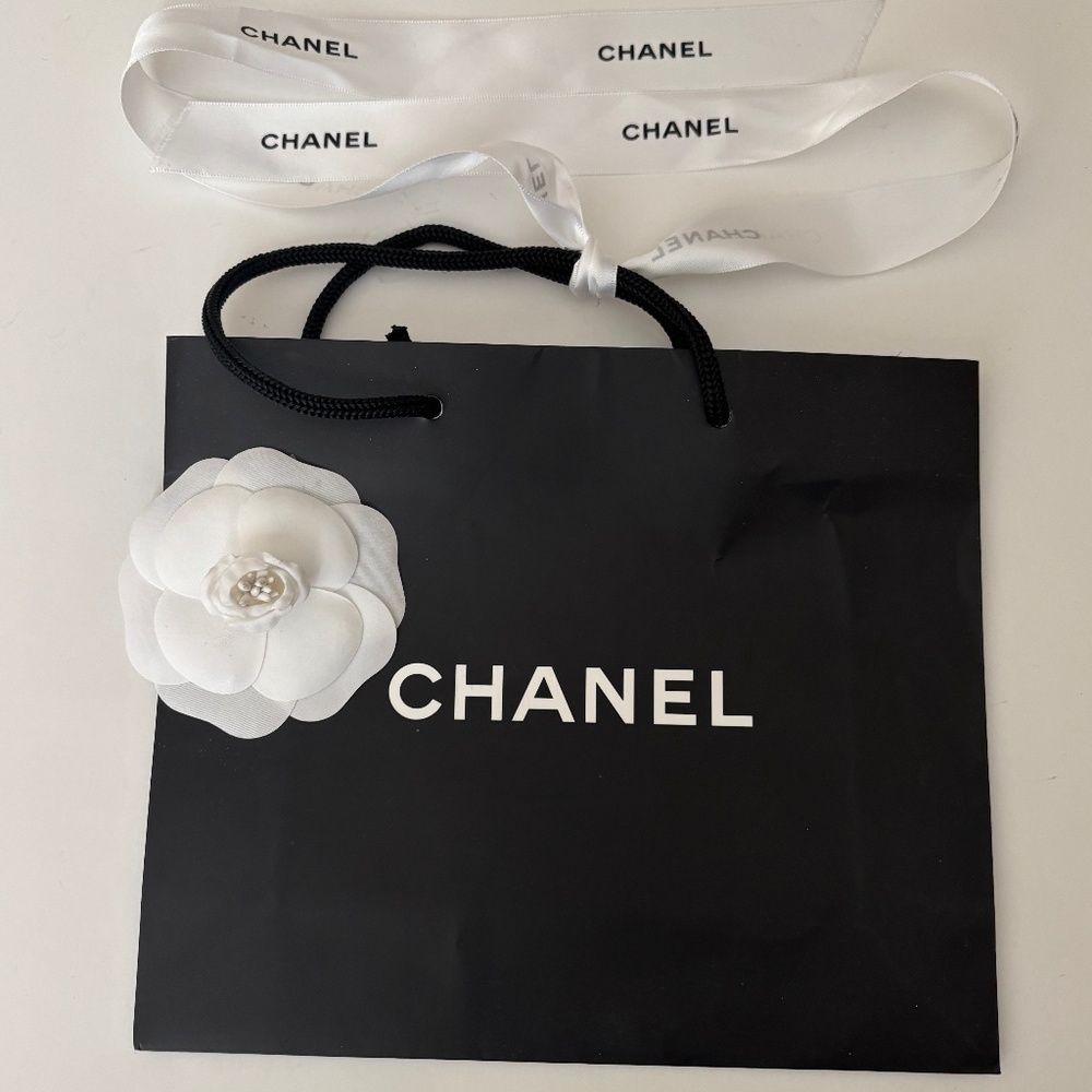 CHANEL Black Gift Bag with White Camelia Flower and white Chanel ribbon